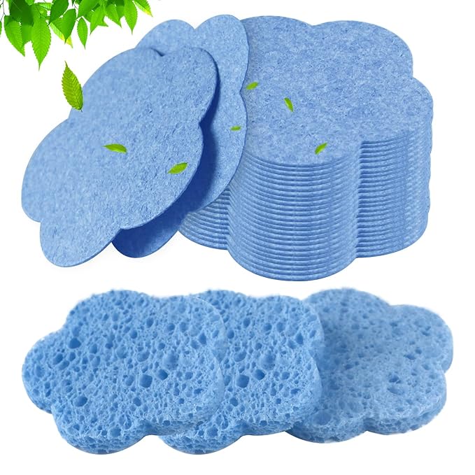 50-Count Facial Sponges, Natural, Blue, Modern Style, Reusable, Exfoliating, Cleansing, Makeup Removal, Travel-Friendly, Gift for Her