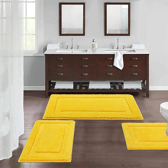 SHACOS Yellow Fall Bathroom Rugs Sets 3 Piece, 20"x32" + 20"x47" Non Slip Bath Mat and 20"x24" Toilet Rugs U Shaped Washable, Soft Fluffy Water Absorbent Bathroom Floor Mat