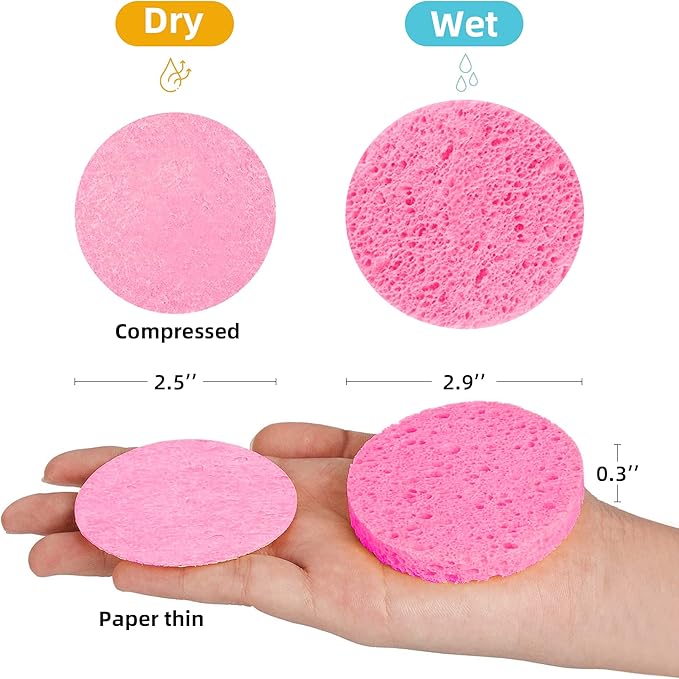60-Count Compressed Facial Sponges|100% Natural Kickleen Cellulose Cosmetic Spa Sponges for Daily Facial Cleansing|Makeup and Mask Removal | Exfoliating | Skin Massage | Pore Exfoliation(Pink)