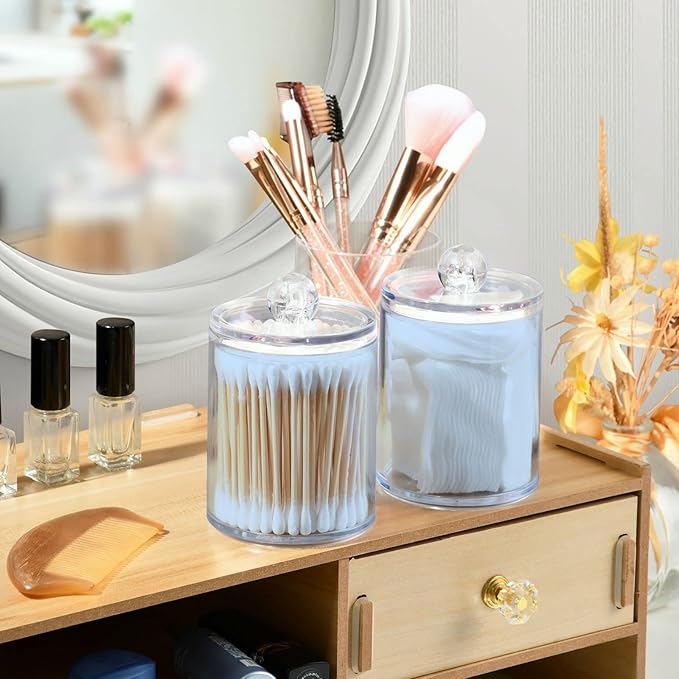 Light Steel Blue Qtip Holder Organizer Dispenser Cotton Swabs Cans Plastic Jars with Lid Set 4 Pack Bathroom Storage Canister for Cotton Ball Floss Cotton Pads