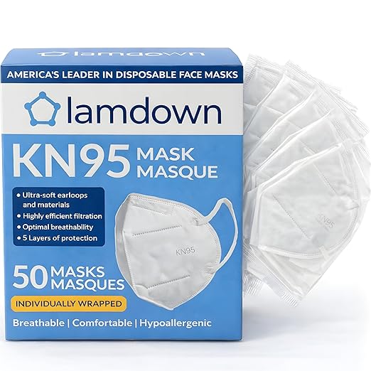 (50-Pack) KN95 Face Masks, Individually Wrapped, Premium Disposable Dust Mask, White