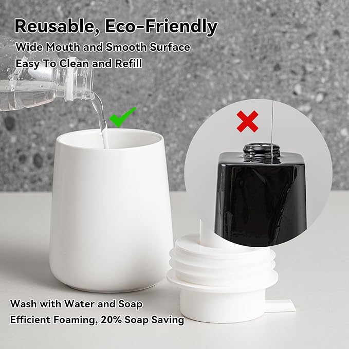 Foaming Soap Dispenser Set - 2 Pack White Ceramic Foam Hand Soap Dispenser for Bathroom, Hand Wash Dispenser Bottle with Foam Pump for Kitchen, 12 Oz Refillable Dish Soap Foam Dispenser 2 Pcs