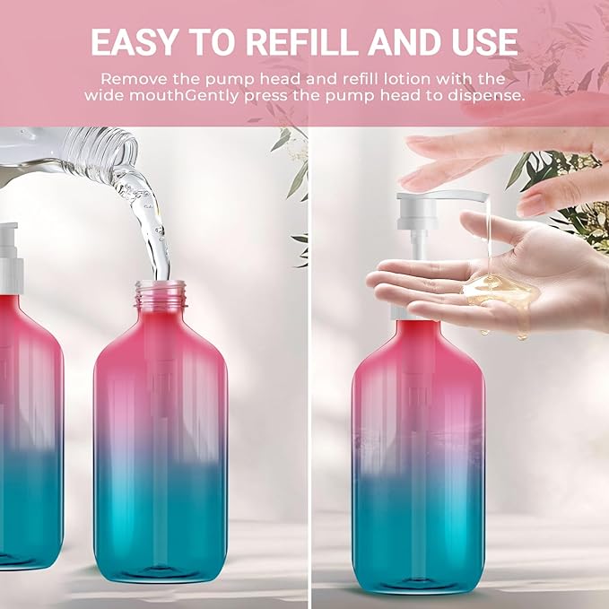 500ml Refillable Plastic Bottles with Pump Dispenser – 6 Pack Gradient Containers, BPA/Paraben-Free, Ideal for Travel Toiletries, Includes Labels