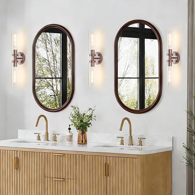 2 Light Bronze Bathroom Light Fixtures Over Mirror, Modern Farmhouse Bathroom Sconce with Clear Glass Shade, Wall Sconce for Bathroom Hallway Cabinet Bedroom Kitchen Living Room Foyer