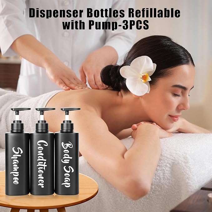 16.9oz Bathroom Soap Dispenser Set, Refillable Shampoo and Conditioner Bottles, Empty Bottles with Pump for Shampoo, Conditioner, or Body Wash, Matte Black Shower Dispensers, Set of 3