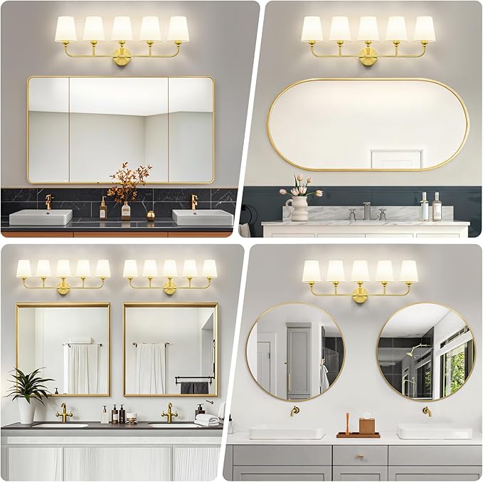 Bathroom Vanity Light, Brushed Gold Bathroom Light Fixtures, 5-Light Lighting Fixtures Over Mirror, Modern Wall Sconce with Flared White Fabric Shade, E26 Socket(ETL Listed)