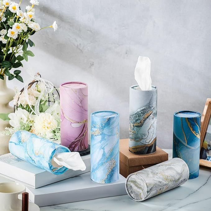 Outus 12 Pcs Marble Car Tissues Cylinder Holder with 3 Ply Facial Tissue Bulk Round Tissue Holder Travel Tissues Boxes Container for Car Cup Wedding Birthday Party
