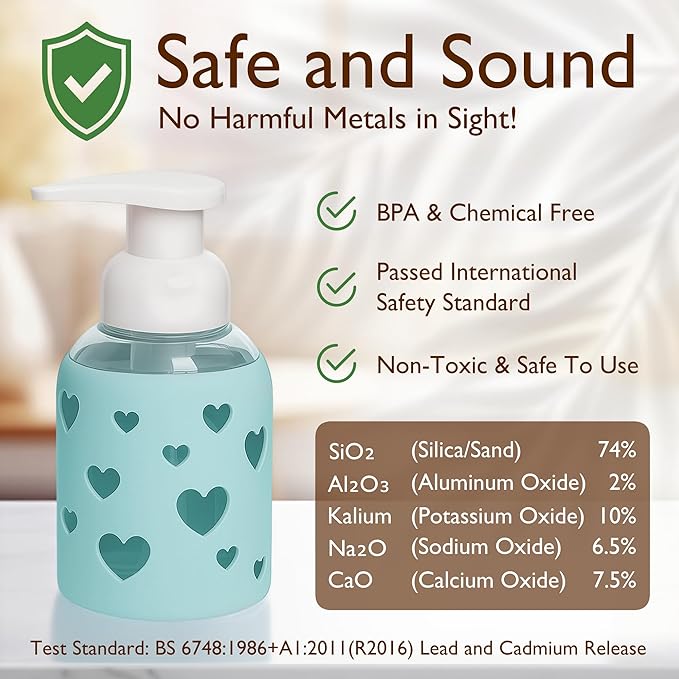 SoCal Suds & Company Foaming Hand Soap Dispenser Glass, Liquid Soap Pump with Heart Silicone Sleeve, Refillable Bottle for Kids, Baby Wash & Shampoo, Ideal for Bathroom & Kitchen Use, Sea Glass, 8oz