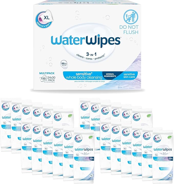 WaterWipes Sensitive Whole Body Cleansing Wipes, 99.9% Purified Water, XL Textured Wipes, Incontinence Care, Fragrance Free, 720 Count (24 Packs)