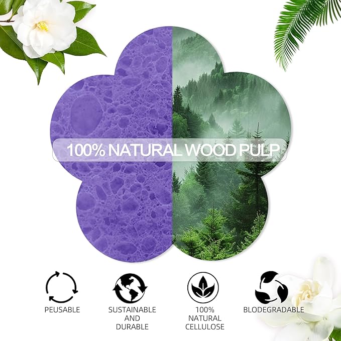 100-Count Facial Sponges Compressed Facial Sponges Natural Facial Cleansing Sponges Pads Cute Flower Shape Exfoliating Sponges for Cleansing Reusable,Best Makeup Gift, Purple