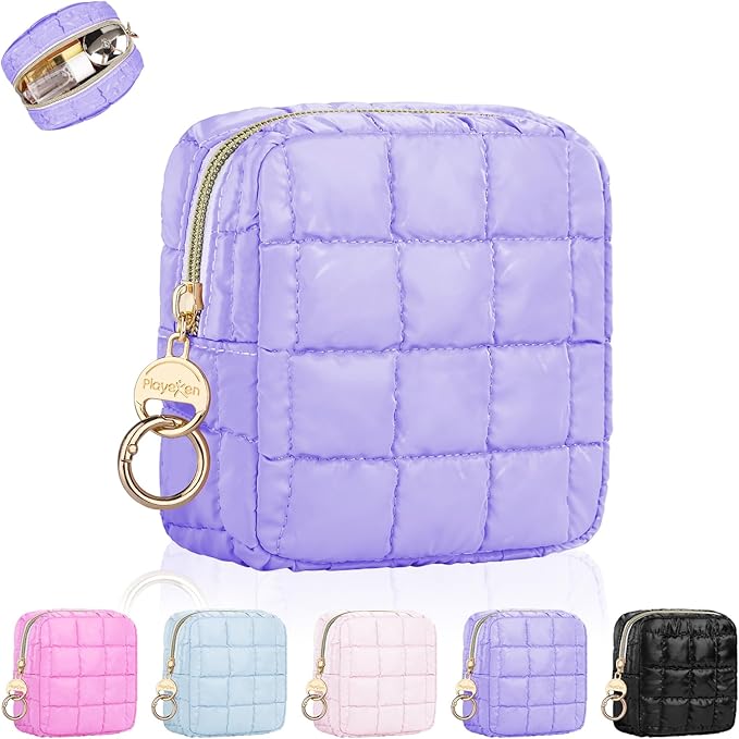 4.9" Puffy Small Makeup Bag, Cute Quilted Cosmetic Bag for Purse, Mini Travel Toiletry Organize Pouches for Women, Birthday/Wedding/Christmas Gifts (Purple)