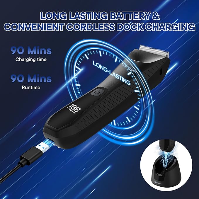 Pubic & Body Hair Trimmer for Men, 2 In 1 Electric Ball Groin Razor Shaver with Ceramic Blade, No Nick Mens Grooming Kit for Wet/Dry Use, Cordless Charging Body Groomer with Led Display, Black
