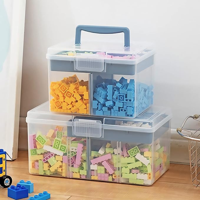 Clear Small Plastic Storage Box with Handle & A Removable Tray & Adjustable Divider, Kids Students Children Art Box, Desk Organiser Case, Medicine Storage Box (Clear & Ocean Blue)