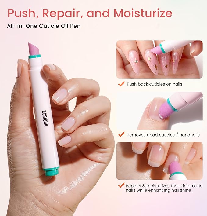 Ceramic Cuticle Oil Pusher Pen -3 in 1 Cuticle Remover Pen for Nails, Nail Care Buffer Pens with Micro-Dosin Oil for Hangnails, Dry & Damaged Nails, Moisturize Strengthen Brighten