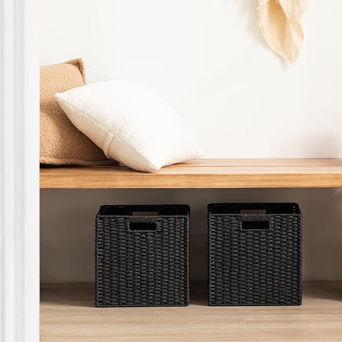 UBBCARE 3 Pack Wicker Basket, 11L×11H×10.5W inch Woven Paper Rope Storage Baskets for shelves, Foldable Cube Storage bin with Handle, Storage Basket for Organizing & Decor, Black