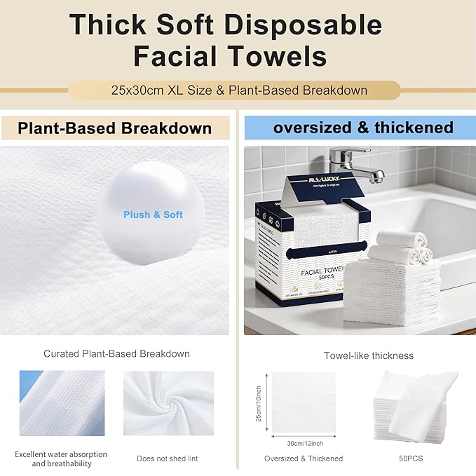 Face Towels, XL Facial Dry Towels 10x12 Inch, Biodegradable Disposable Face Wipes for Makeup Remover, Skincare & Face Cleansing, Lint-Free (50 Count)