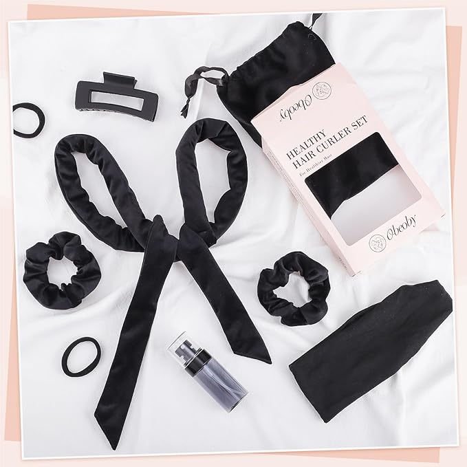 Obeoby Heatless Curls Overnight Set, No Heat Hair Curlers To Sleep In, Hair Rollers with Scrunchies and Clips for Women Long & Short Hair, black