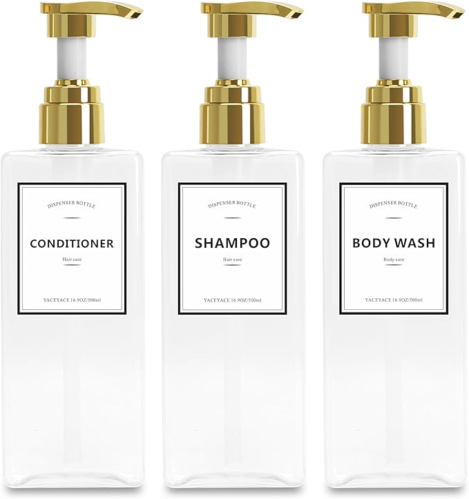 Shampoo Dispenser Bottles with Gold Pump, YACEYACE 16.9oz Set of 3 Clear Shampoo and Conditioner Dispenser, Mordern Shower Bottles Refillable with Labels