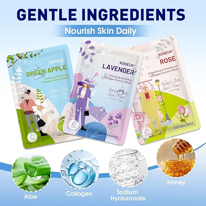 54 Pack Bulk Sheet Face Masks Skincare, Hydrating and Moisturizing Face Mask for All Skin Types, Collagen Facial Masks for Skin Care, Easter Basket Stuffers, Mothers Day Gifts (9 Types x 6 Pcs)