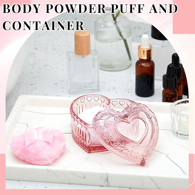 Tioncy 3 Pcs Large Body Powder Puff and Container Mother's Day Gift Powder Container with Puff Crystal Case Soft Washable Reusable Velour Face Body Glitter Wet Dry Makeup(Pink, Heart)