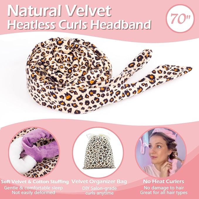 Heatless Curls Overnight Headband, 70'' No Heat Hair Curlers for Medium Long Hair, Leopard Print