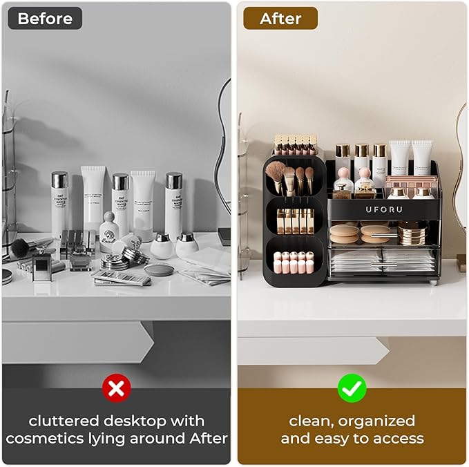 Makeup Organizer for Vanity with Brush Holder, Countertop Skincare Organizer with 2 Drawers, Spacious Cosmetic Display Case for Perfumes, Cologne, Shaving Lotion