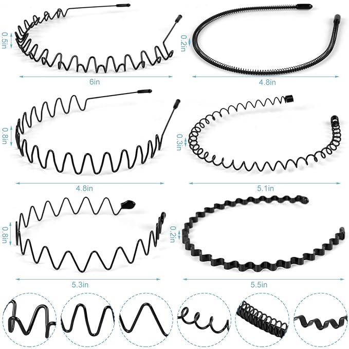 fenshine 6PCS Metal Hair Bands, Spring Wavy Hoop Unisex Black Headband Slicked Back Non Slip Sports Hairband for Women Men…
