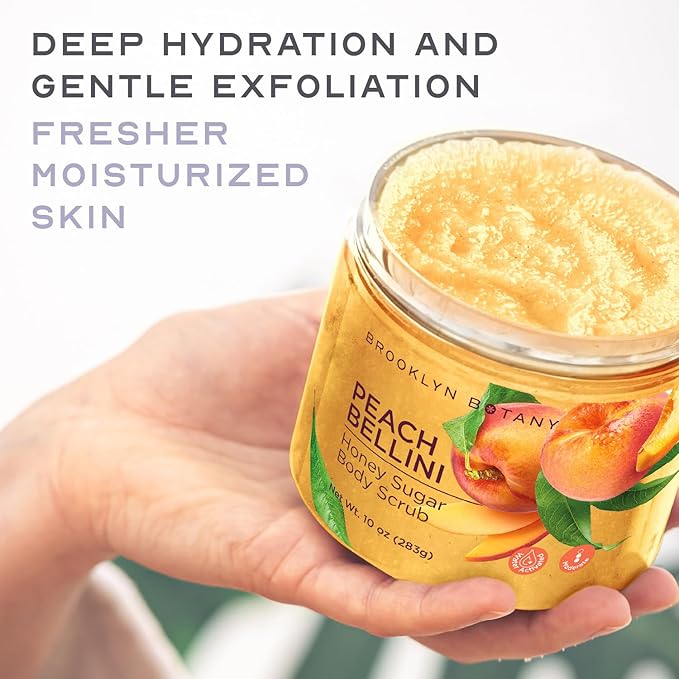 Brooklyn Botany Peach Bellini Honey Sugar Scrub for Body 10 oz – Deeply Hydrating and Gently Exfoliating Body Scrub for Women and Men – Moisturizing and Nourishing the Skin