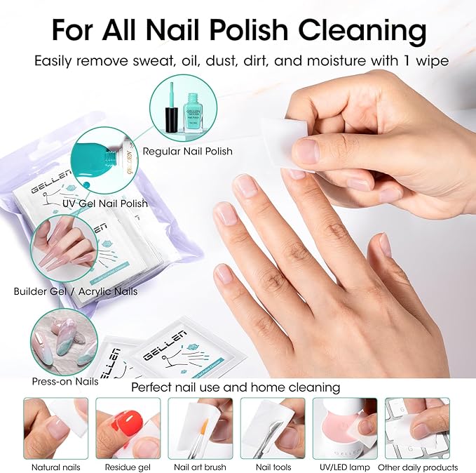 Gellen Nail Cleanser Pads 50PCS with 10PCS Manicure Tools Kit: Ceramic Cuticle Pusher Pen, Remover and Cuticle Oil Nail Prep Care Kit, Nail File 100/180, Polishing Buffer, Nail Clipper & Brush