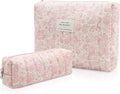 2PC Makeup Bag Set, Cute Cosmetic Bag for Women Girls, Floral Coquette Aesthetic Toiletry Bag, Travel Make Up Organizer Bag (Pink Rose)
