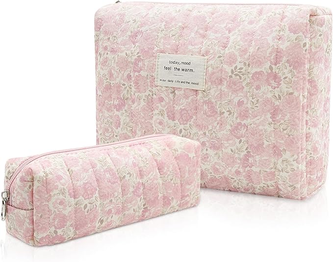 2PC Makeup Bag Set, Cute Cosmetic Bag for Women Girls, Floral Coquette Aesthetic Toiletry Bag, Travel Make Up Organizer Bag (Pink Rose)