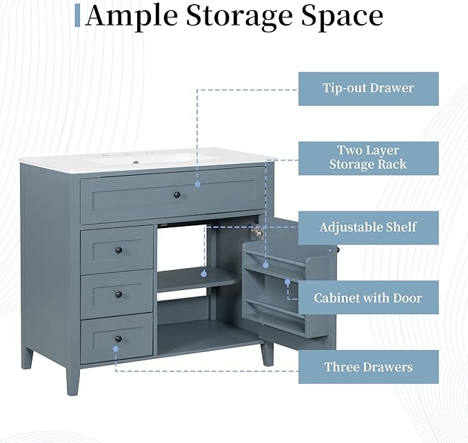 Harper & Bright Designs 36" Bathroom Vanity with Sink, Free Standing Vanity Set with 4 Drawers, Storage Racks, and Adjustable Shelf, Wood Bathroom Cabinet with Ceramic Basin for Bathroom, Blue Grey