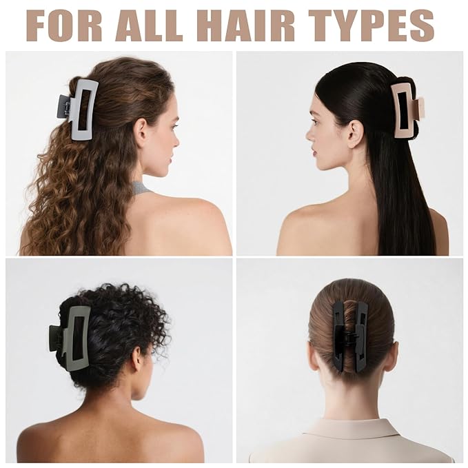 TOCESS 4.33 Inch Big Claw Clips 8 Pack, Matte Finish Large Neutral Color Hair Claw for Thick, Curly, Long, Wavy Hair, Non-slip Square Bulk Hair Clips for Women & Girls