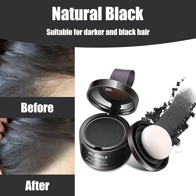 Hairline Powder Hair Root Touch Up - 3 Brush Heads, Instant Cover up Gray Hair, Portable Hair Color Concealer, Women Men's Grey Hair Coverage, Multi-purpose for Eye Shadow & Contouring - Black