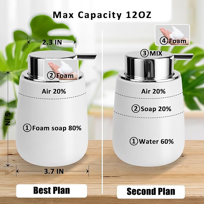 Soap Foaming Dispenser Ceramic with Easy-to-Press Pump Hand Foam Dispenser for Shampoo Bathroom Kitchen 12 oz