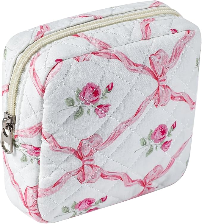 Small Quilted Cosmetic Pouch for Purse, Mini Cotton Makeup Bag with Compartments, Cute Zipper Lipstick Holder for Women (09Pink Bow)