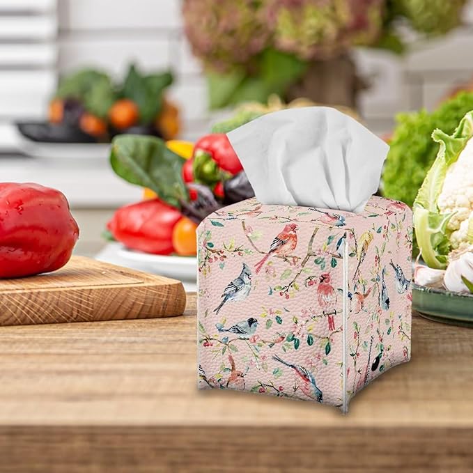 Bird Flowers Tissue Box Holder, PU Leather Square Napkin Cover with Metal Button, Waterproof Tissue Organizer for Nightstand, Dining Table, Office Desk, and Car Interior