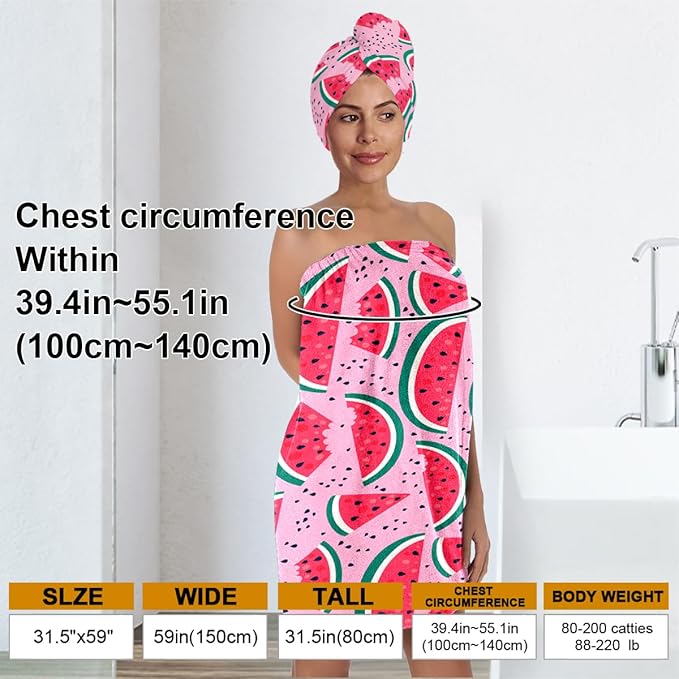 Watermelon Print Bath Wrap and Hair Drying Towel Set – Microfiber Quick Dry Shower Body Wrap for Women, Absorbent Spa Skirt with Elastic Band and Summer Fruit Design(Watermelon 2)