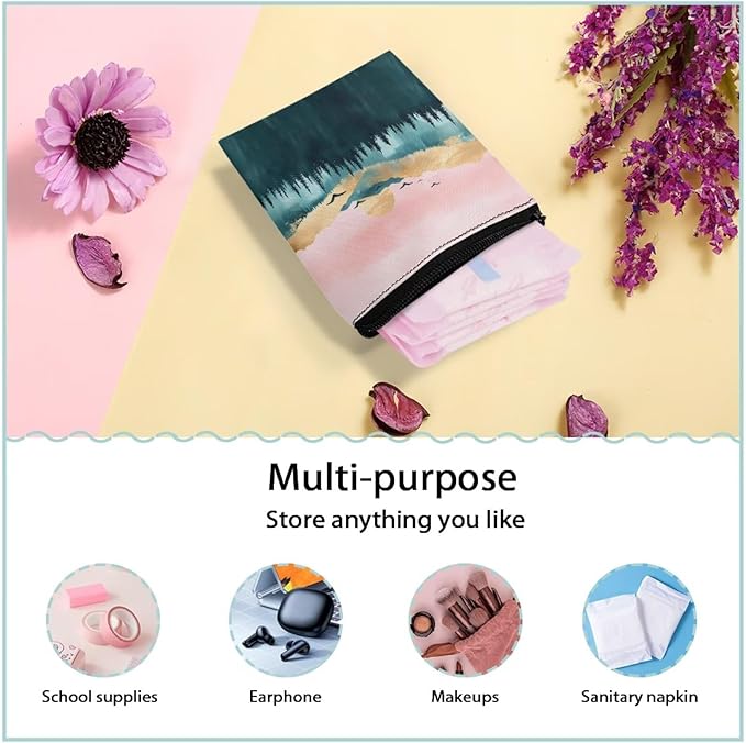 Women Period Bags Waterproof Novelty Landscape Printed Pink Sanitary Napkin Storage Bag Organizer for Daily Use