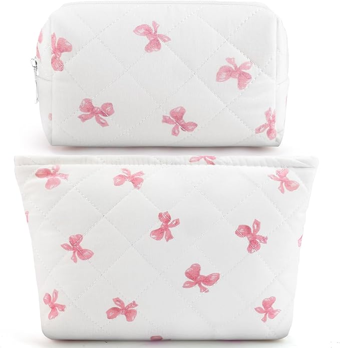 2Pcs Small Makeup Bag Quilted Cosmetic Bag Flower Pencil Case Travel Makeup Bag Set for Women Cute Cosmetic Pouch Aesthetic Cotton Toiletry Organizer Storage Bags Puffy Zipper Pouch Christmas Gifts D