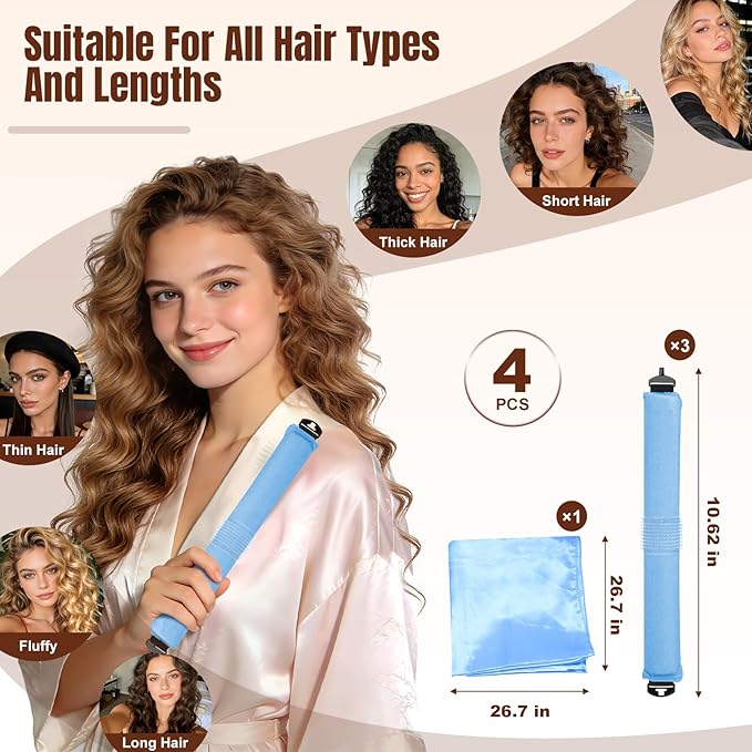 TULOBI 3 Pcs Heatless Curls Overnight - Upgraded Velvet Heatless Hair Curler with Velcro Fastener, Overnight Jumbo Blowout Rods, Hair Curlers to Sleep in for All Hair Types (Blue)