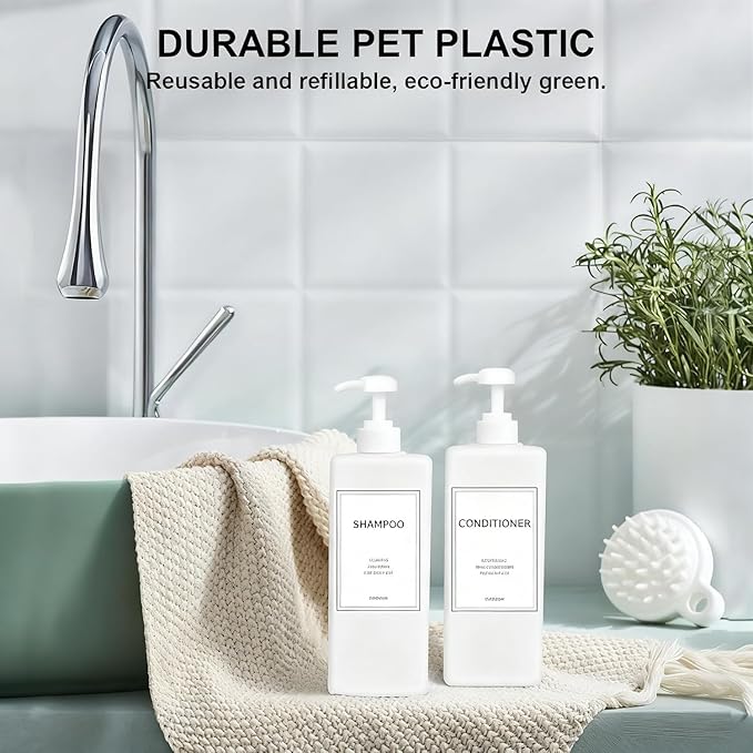 Modern Shampoo and Conditioner Dispenser (21 oz, Pack of 3) Refillable Pump Bottle Set Empty Shower Plastic Bottles with Pump for Bathroom Body Wash Soap and Shower