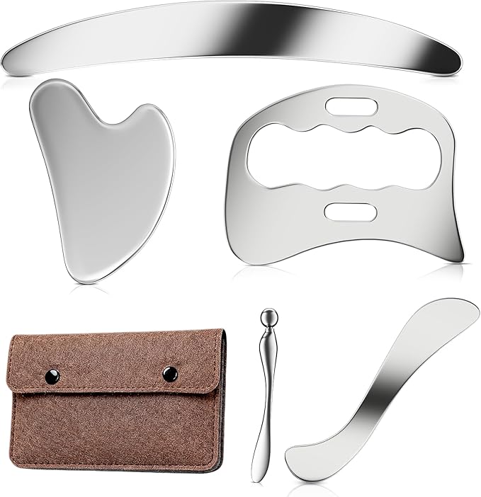 Stainless Steel Muscle Scraper Gua Sha Kit and Derma Edge Scraping Tools for Physical Therapy, Deep Tissue Guasha Massage Tool for Body and Face Relaxation (Brown-5pcs)