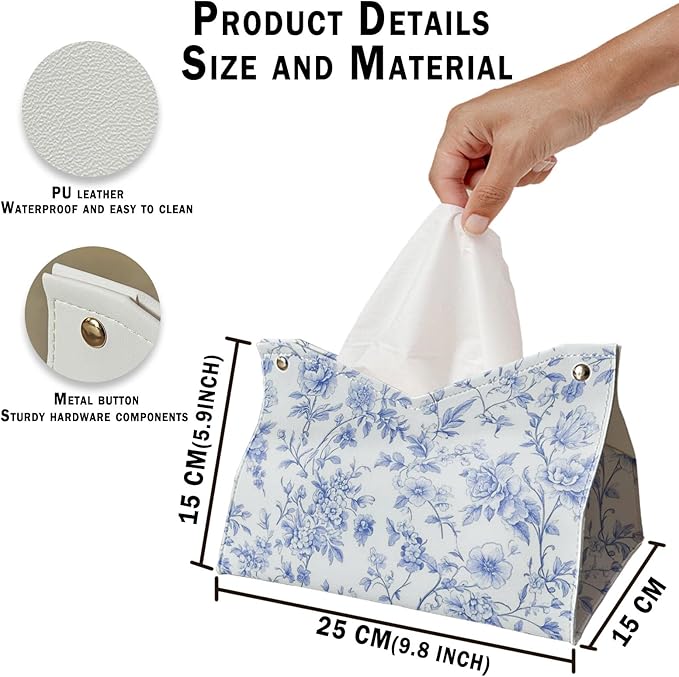 Chinoiserie Decor Rectangle Tissue Box Cover, Blue Flroal PU Leather Tissue Box Light Blue Tissue Holder for Bathroom Kitchen Facial Tissues, Housewarming Gifts for Women Girls 9.8x5.9x5.9