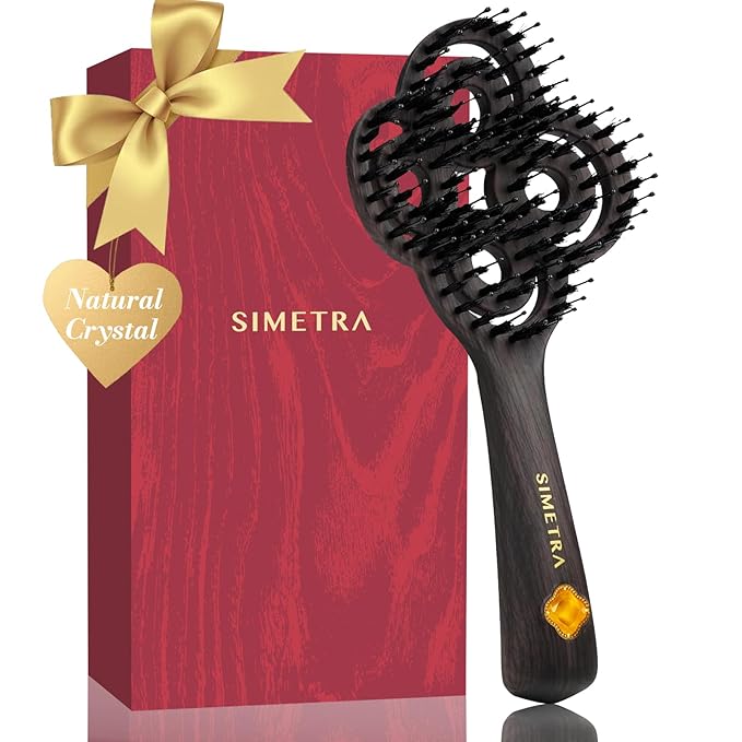 Simetra Detangler Hair Brush for Women and Men, Holiday Present - Original Detangling Brush for Curly Hair/Wet & Dry Hair, Natural Boar Bristles Hairbrush - Natural Crystal Inlay & 14K Gold Plating
