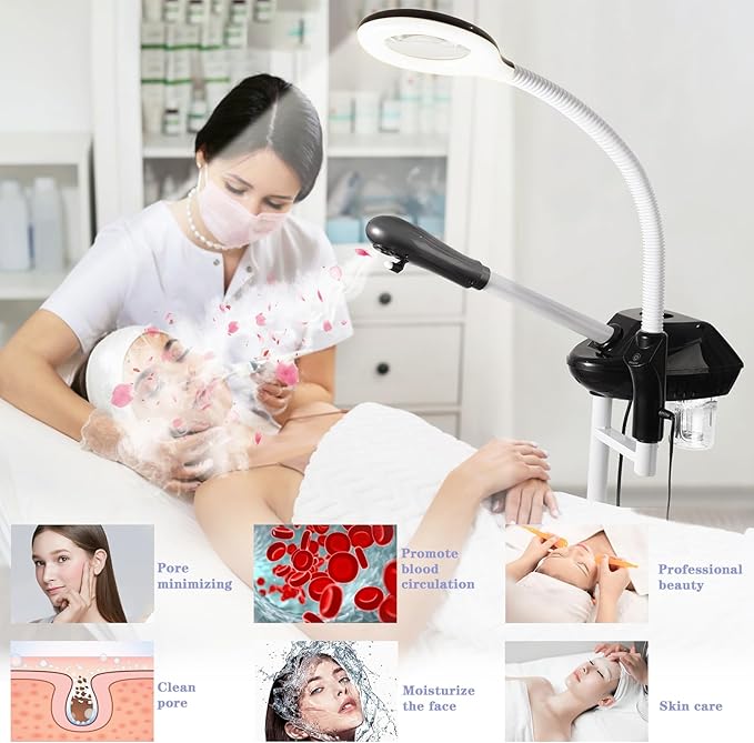 Professional Facial Steamer, 2 in 1 Face Steamer on Wheels, with 5X Magnifying Lamp, Facial Steamer with Time Setting, Stand Face Steamer Adjustable Height for Spa, Salon and at Home use