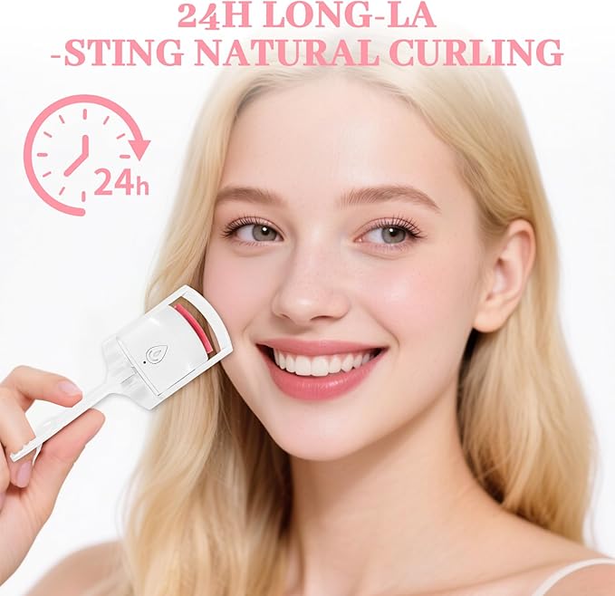 Heated Eyelash Curler, Fast Heat Up in 3s and 24h Long-Lasting Eye Lash Curler for Women, Safe Anti-Burn Heated Lash Curlers, USB Rechargeable Eyelash Curlers with Sensing Heating Silicone Pad(White)