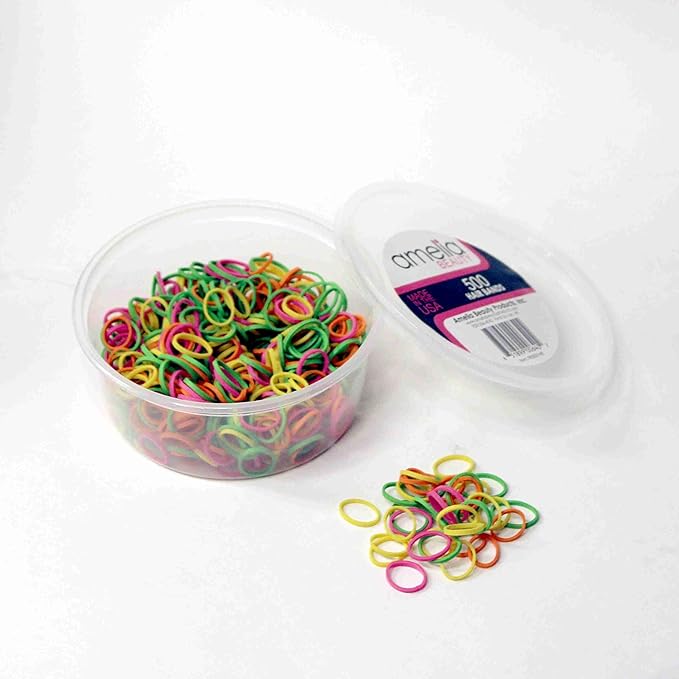 Amelia Beauty 500 Count Small Rubber Bands for Hair – ½" Brights Mix - Made in USA - Recloseable Container - Mini Hair Elastics for Braids, Ponytails, Cornrows & Twists – Strong Hold Ponytail Holders