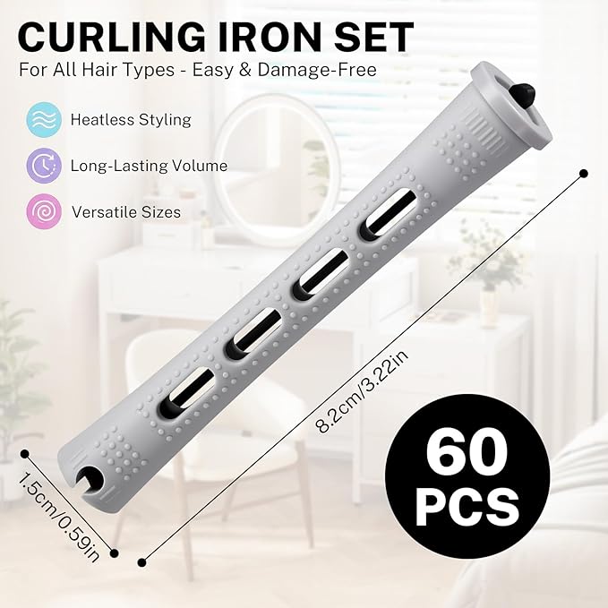 60 Pcs Perm Rods for Long Hair, Cold Wave Perm Rods Set for Women's Long & Short Plastic Curling Rollers for Hair Curling and DIY Hairdressing Styling Tool（0.59 x 3.22 inches）