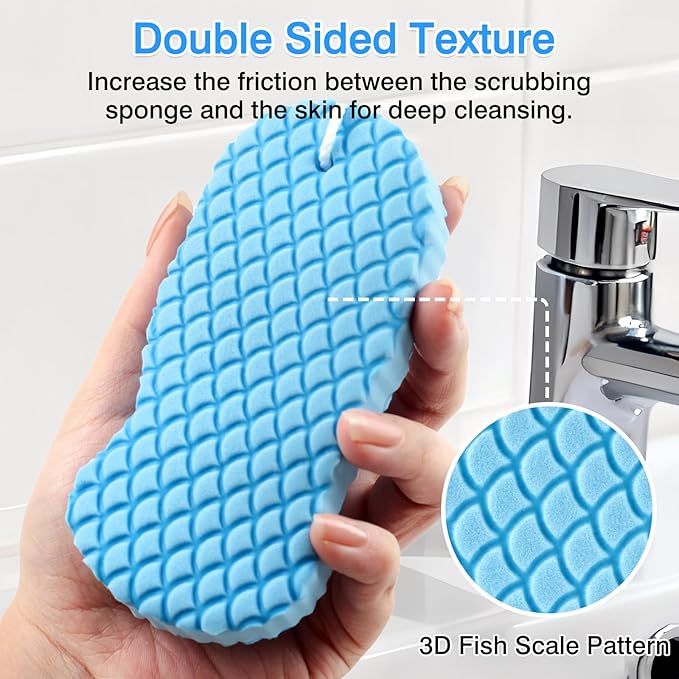 4-Pack Exfoliating Bath Sponges – Super Soft Shower Sponge Set for Adults & Kids, Gentle Dead Skin Remover, Assorted Colors (Pink, Blue, White, Gray)